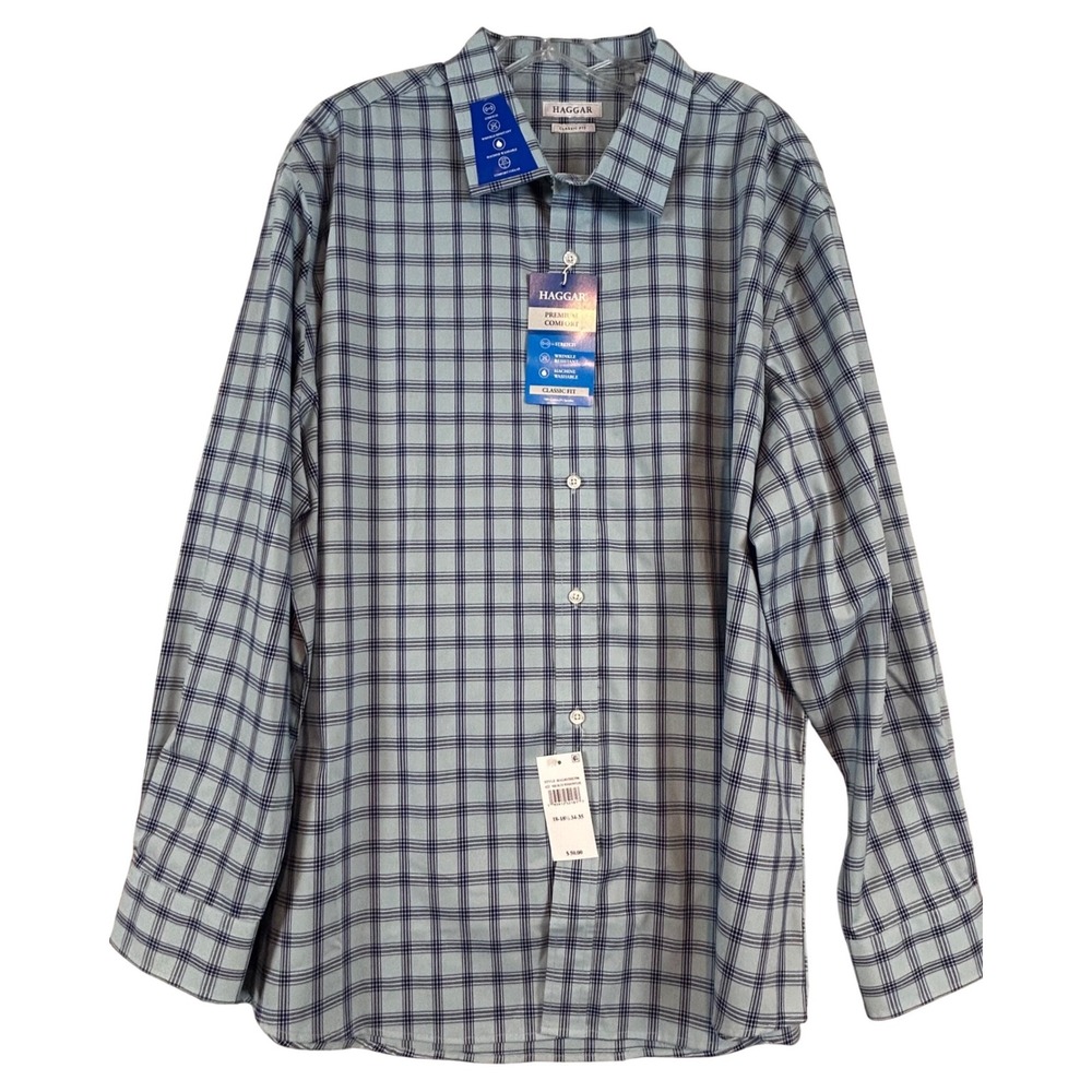 NWT Haggar Mens Premium Comfort Dress Shirt Windowpane Classic Fit 18-18.5 34-35